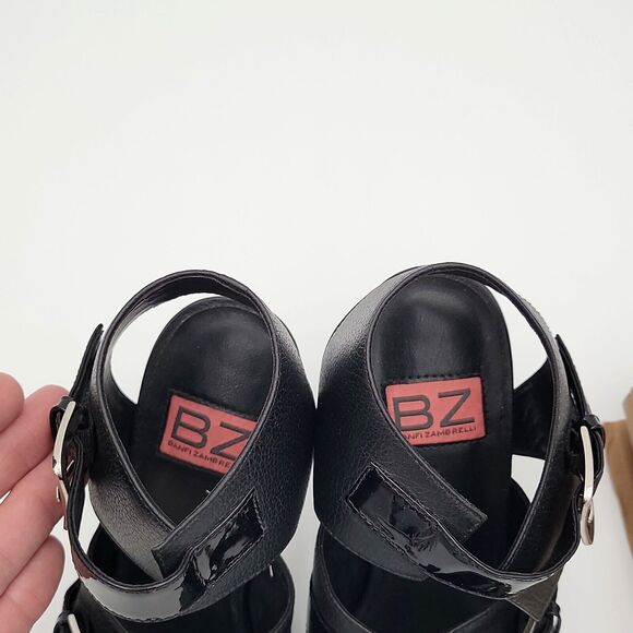 Banfi Zambrelli 7.5M Black Heels High 4in Leather Strappy Chunky Party Statement - Picture 5 of 10